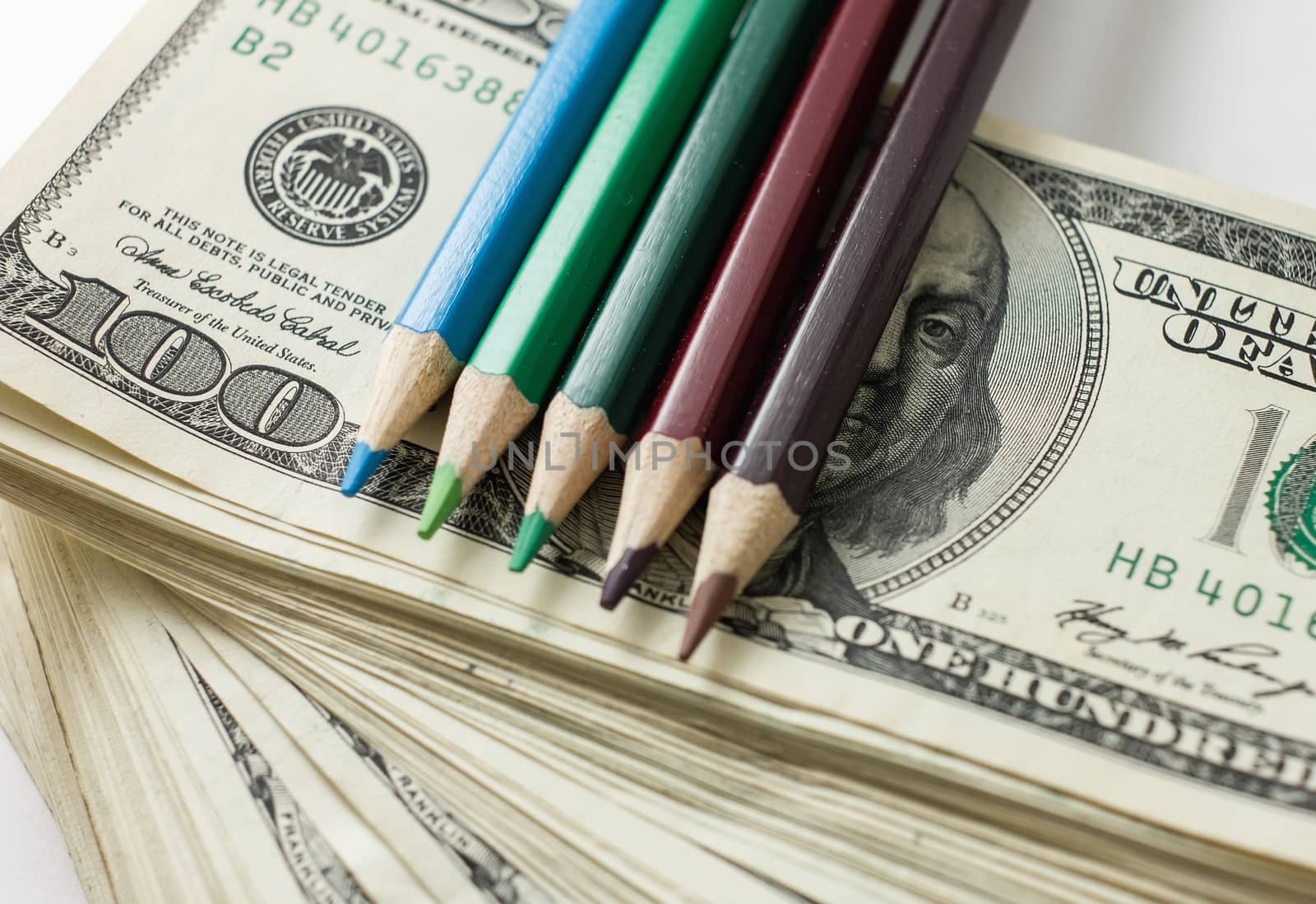 Production of counterfeit dollars, American hundred dollar stack, making counterfeit money is forbidden! Punishment - prison Creating fake dollar pencils