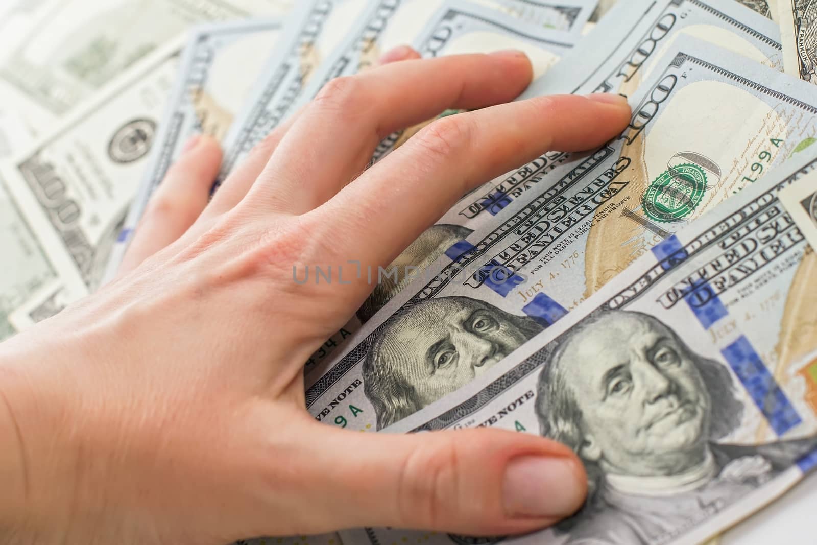 dollar bills on hand, Hand with money, 100 dollar bills