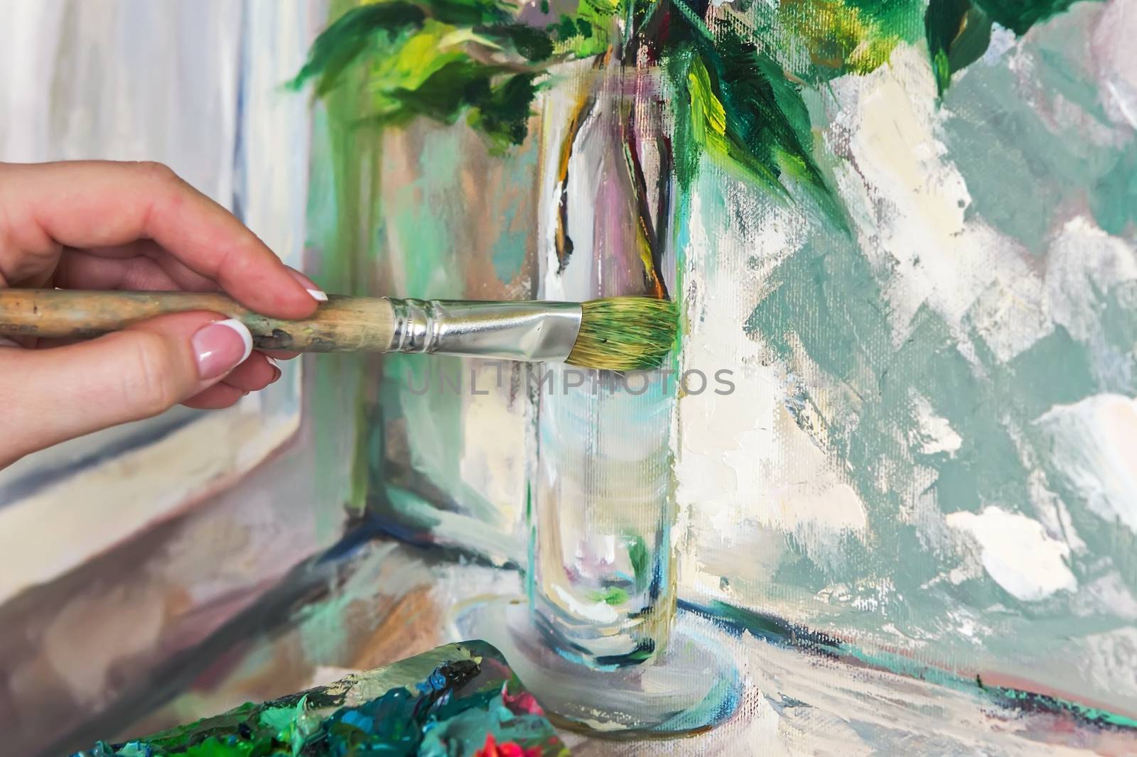 Brush and oil paints on a palette, paint a picture of the artist by KoliadzynskaIryna