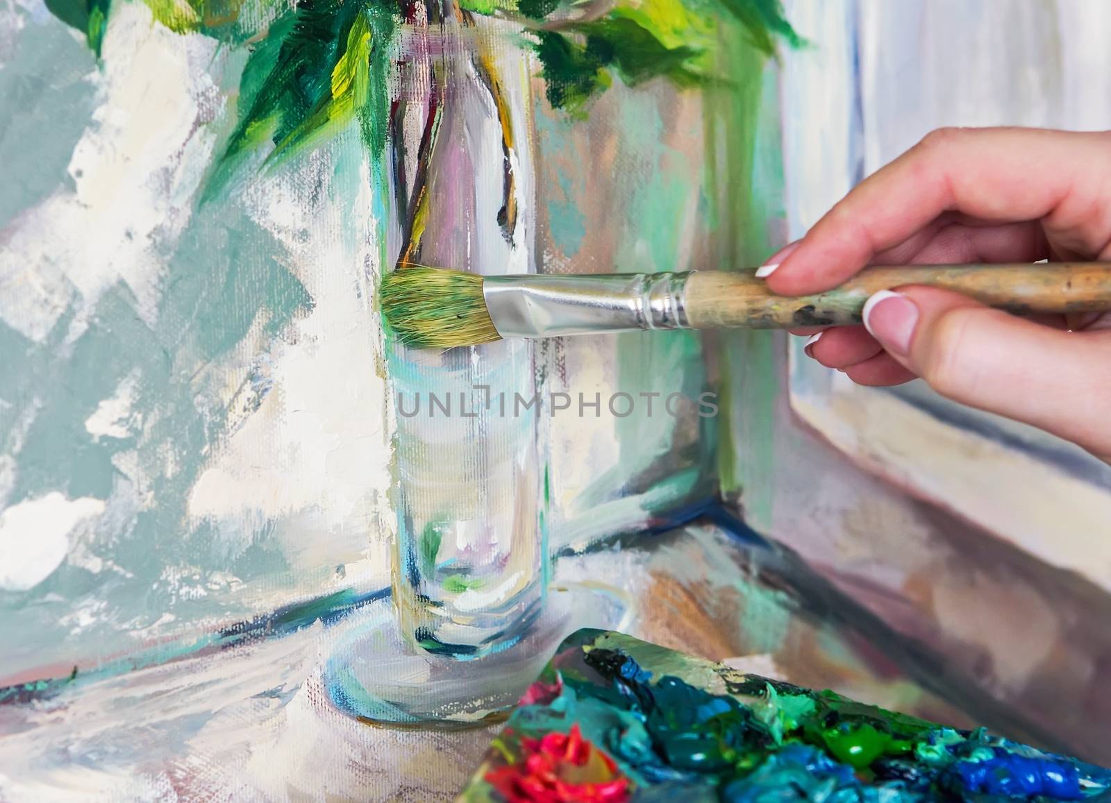 Brush and oil paints on a palette, paint a picture of the artist by KoliadzynskaIryna