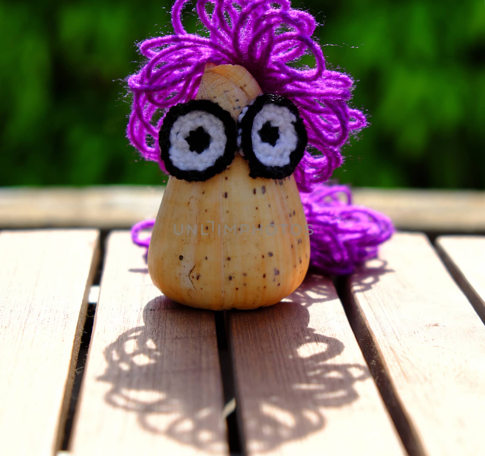 Funny creative from hobby, owl make from conch shell with knitted eyes, violet wool hair on green background, amazing diy ornament with enjoyment life