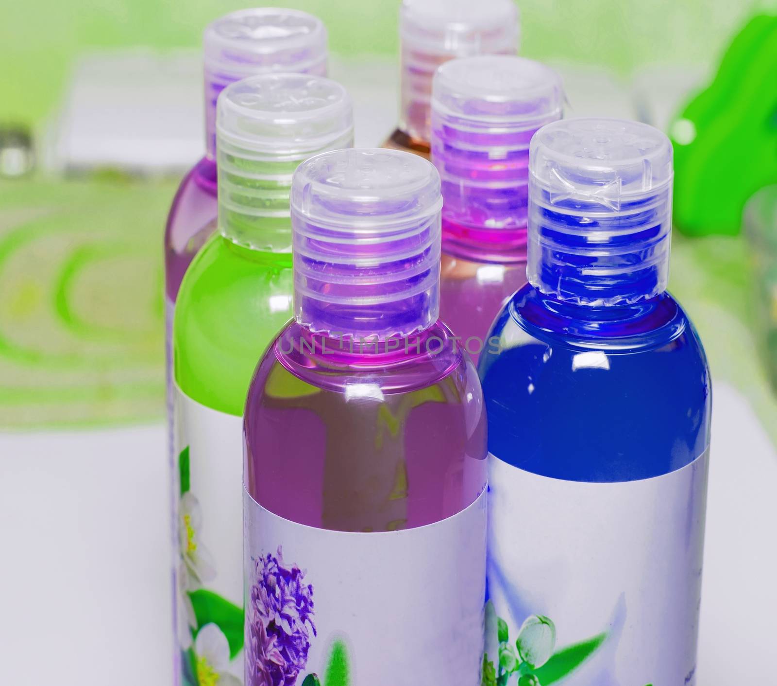 Group cosmetic bottles, cosmetic liquid, shower gels, shampoos,  by KoliadzynskaIryna