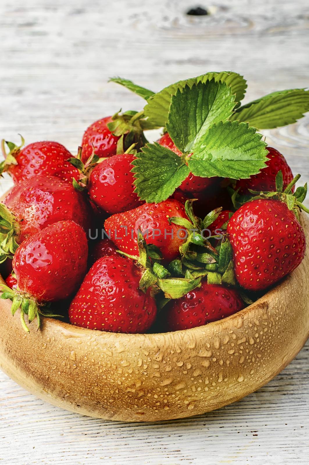 Mature crop of strawberries in a stylish wooden bowl.