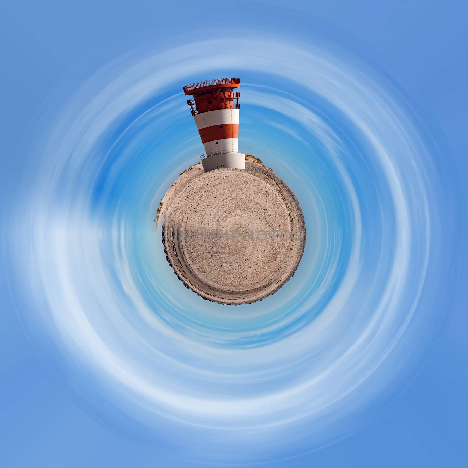 Planet of lighthouse at heligoland dune island with blue sky. Little planet concept. Tiny planet projection