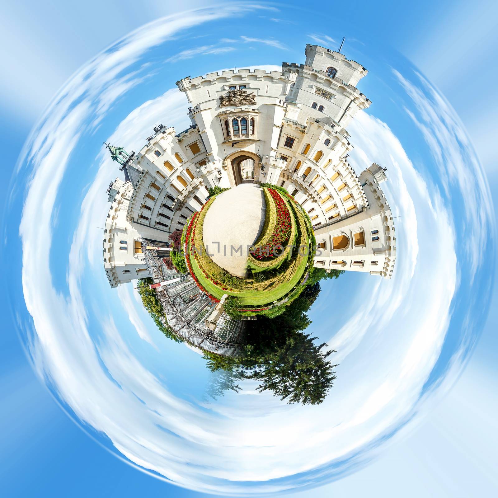 Planet of Famous white castle Hluboka nad Vltavou Czech Republic. Little planet with unesco castle Hluboka, concept. Tiny planet projection