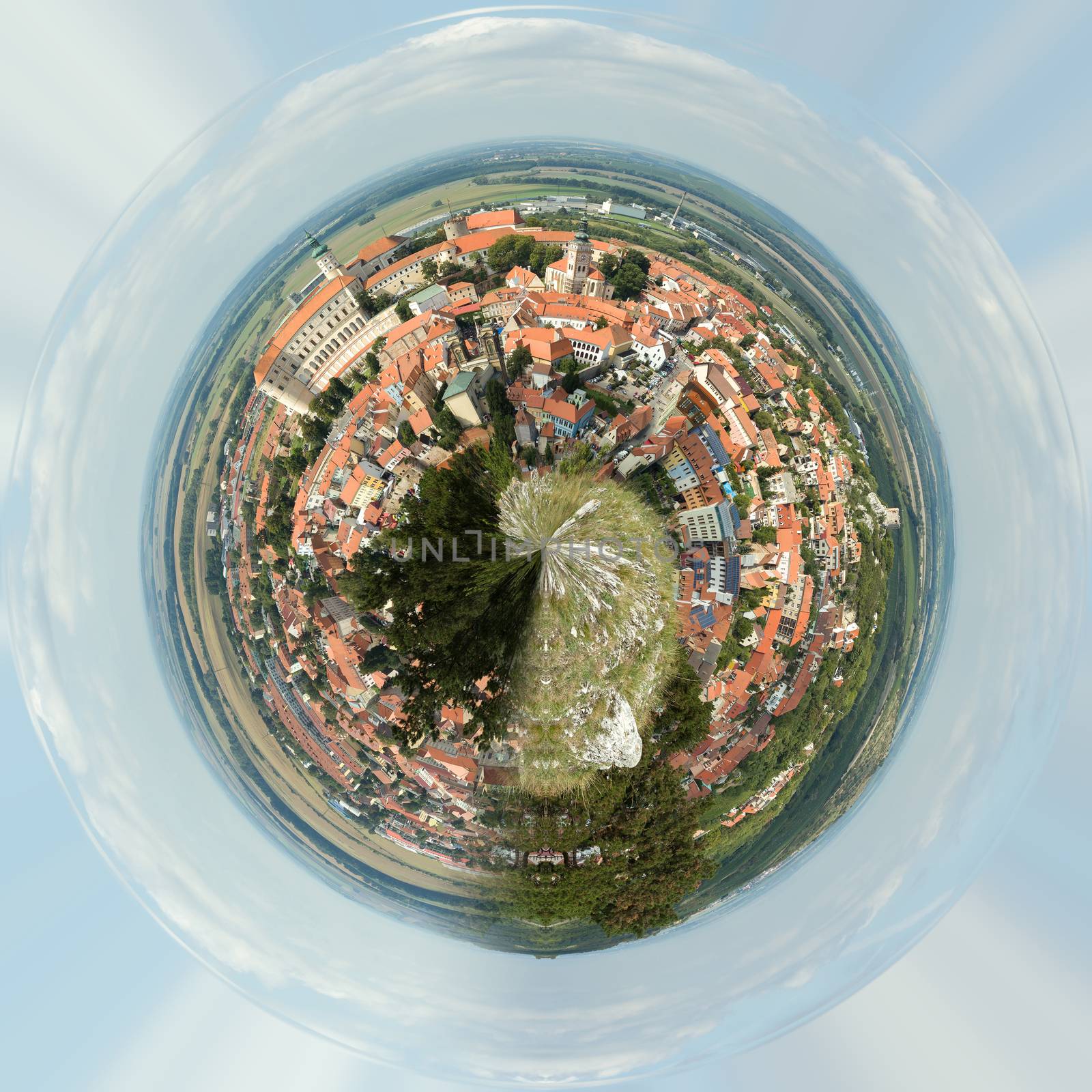 Planet of Mikulov, South Moravia, in the Czech Republic. Little planet with european city, concept. Tiny planet projection