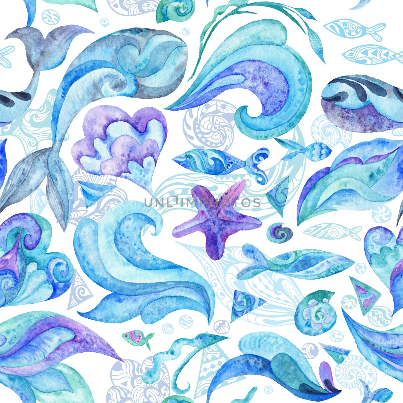 Nautical underwater texture with fishes, whales, starfishes, shells and waves isolated on white background for wallpaper and fabric design