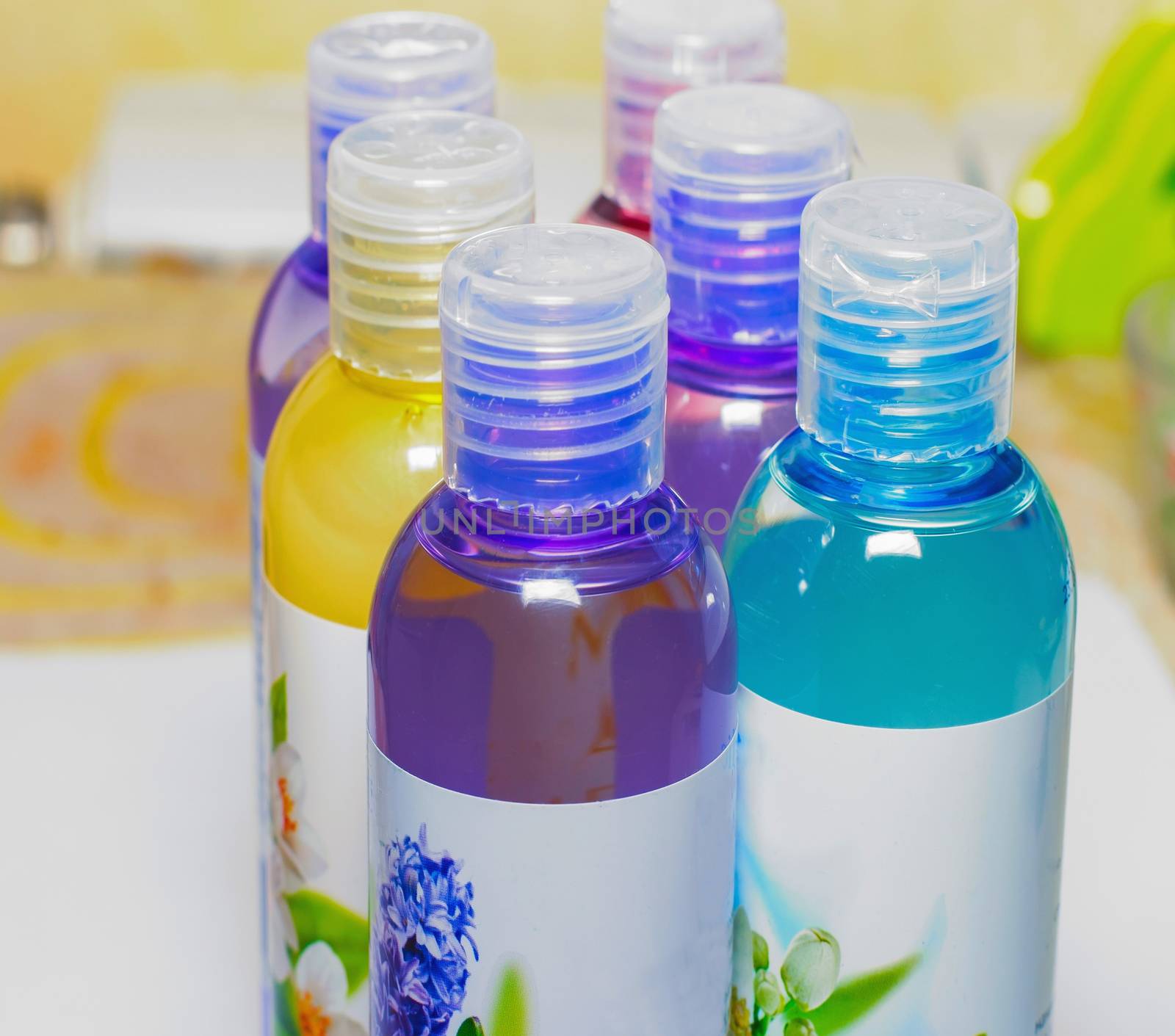 Group cosmetic bottles, cosmetic liquid, shower gels, shampoos, cosmetics and bottles for liquid soap