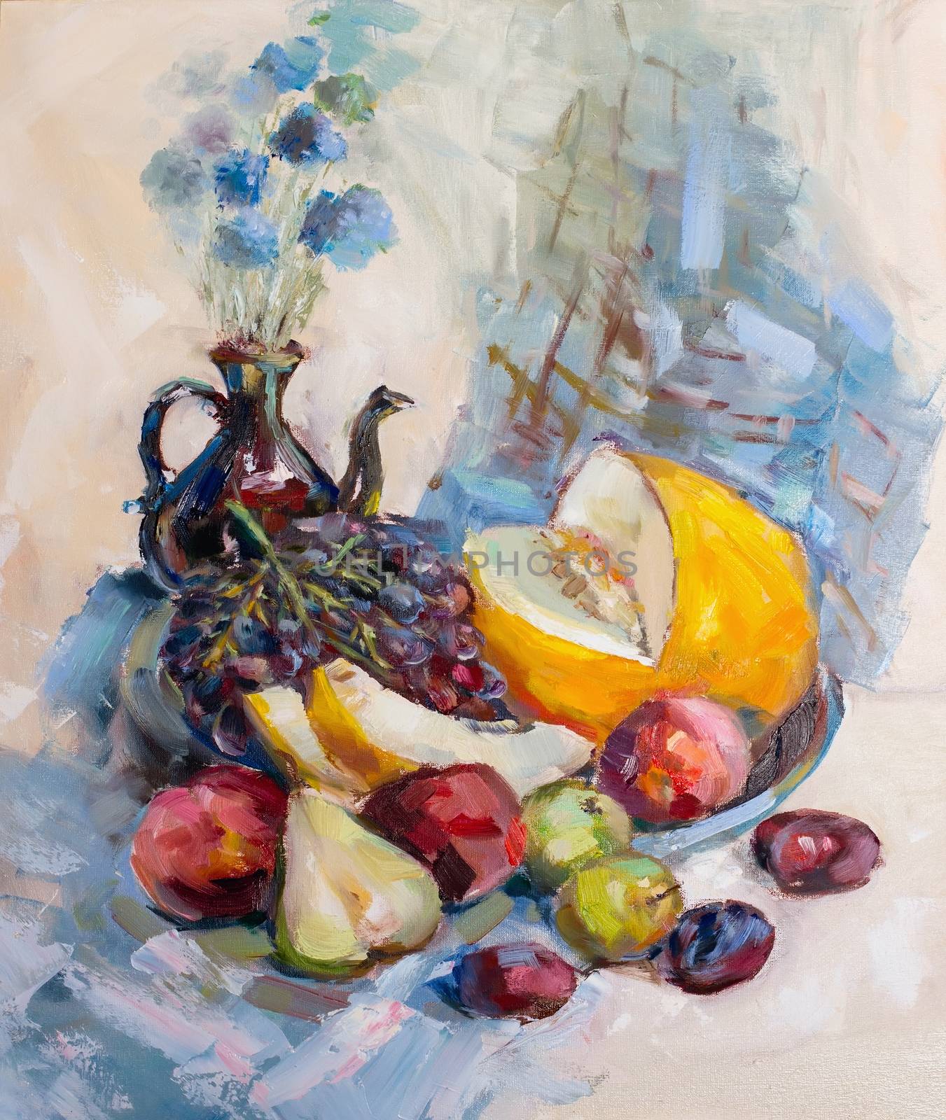 Texture painting oil painting on canvas, abstract oil still life, fine art impressionism, painted color image for wallpaper and backgrounds, the artist painting pattern flowers and fruits and vegetables