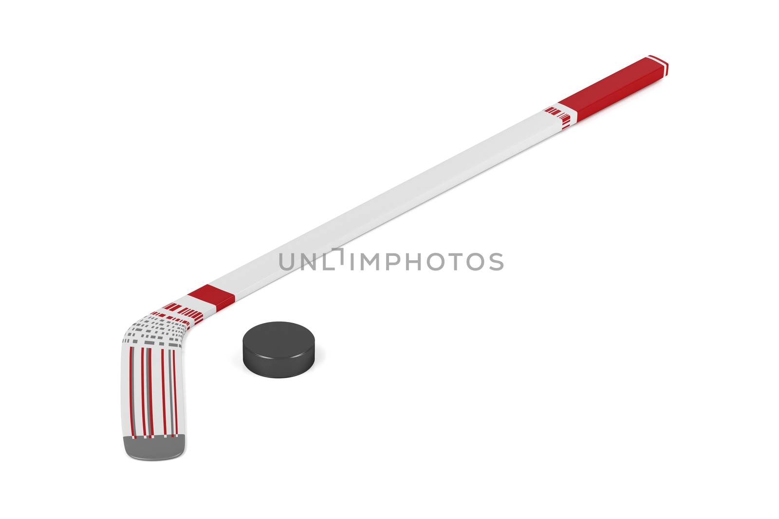 Ice hockey stick and puck on white background 