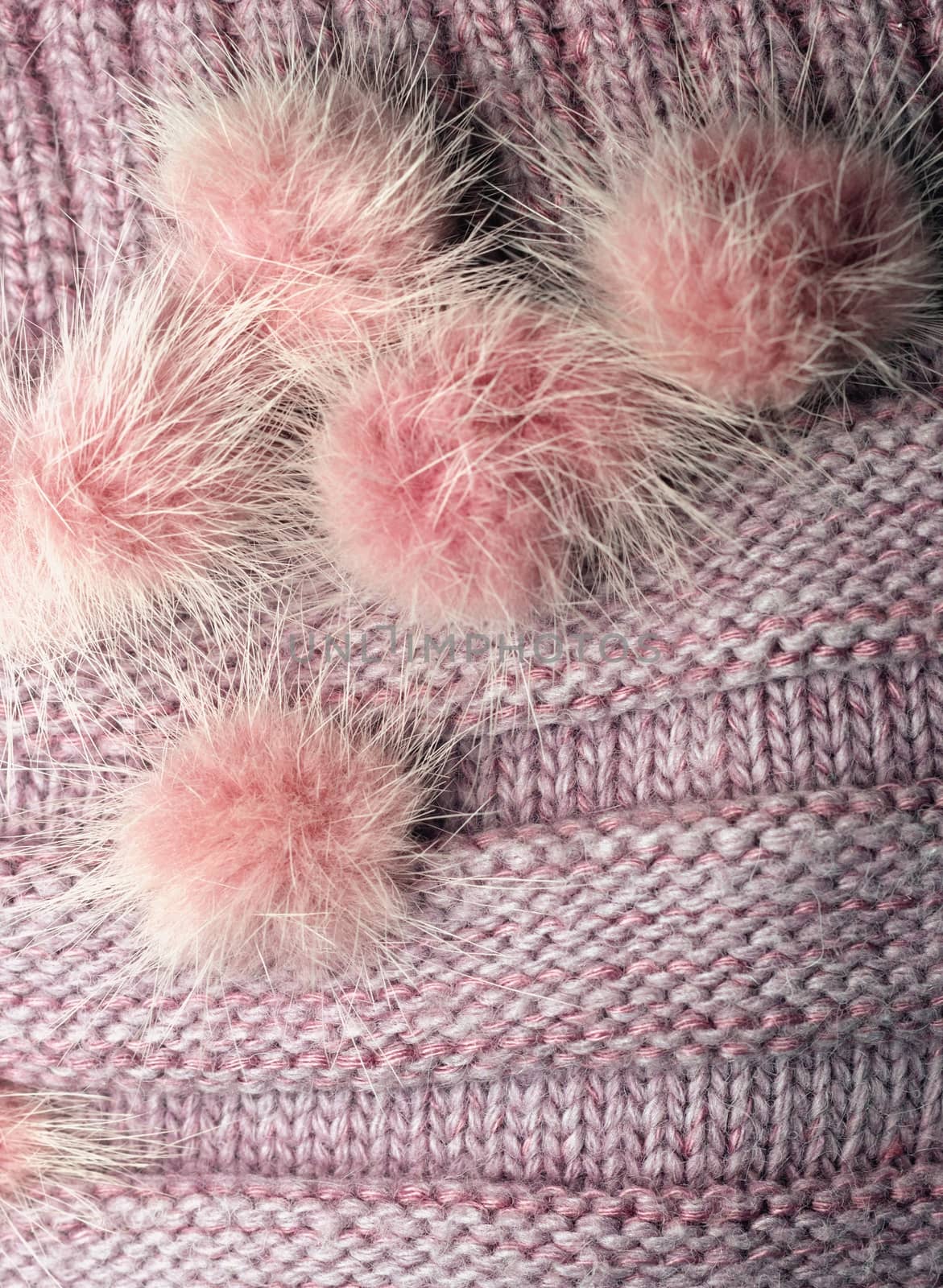 ribbed knit wool like texture with fur pompoms, textured knitted by KoliadzynskaIryna