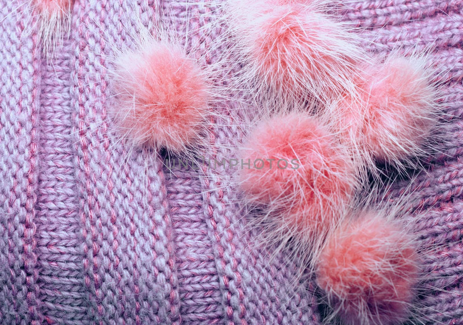 ribbed knit wool like texture with fur pompoms, textured knitted by KoliadzynskaIryna