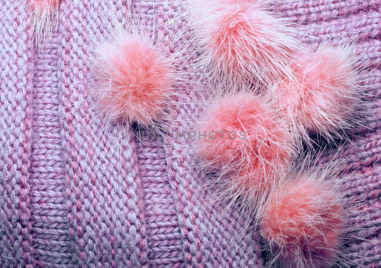 ribbed knit wool like texture with fur pompoms, textured knitted fabric knitted, Pattern Warm knitted women's clothes and accessories