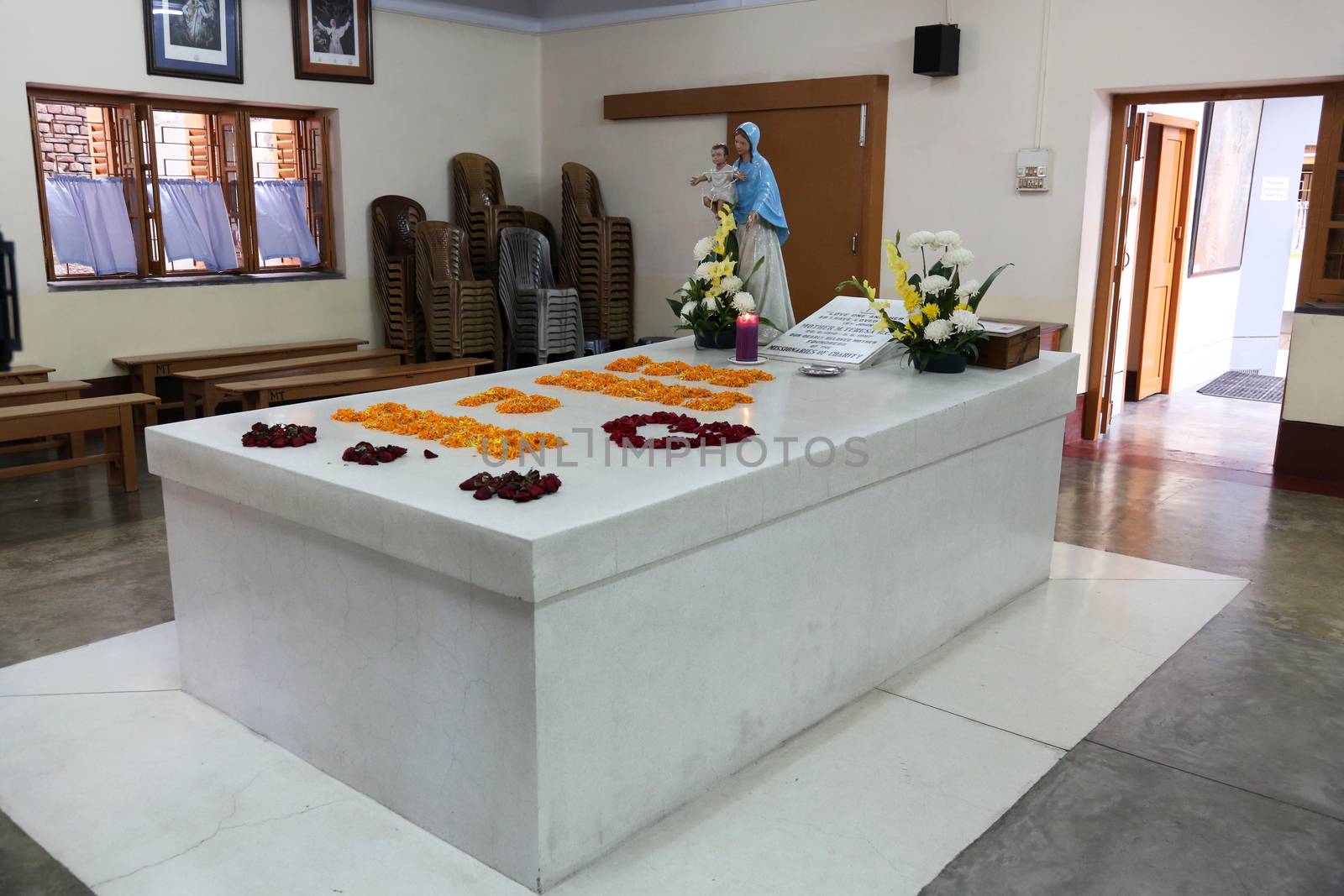 Tomb of Mother Teresa, decorated with fresh flowers in Kolkata, West Bengal, India on Nov 25,2012.
