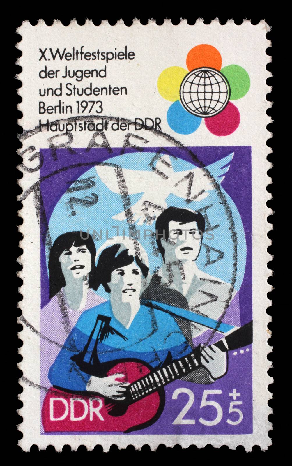 Stamp printed in GDR shows Festival Emblem, TV Tower, 10th Festival of Youths and Students, Berlin by atlas