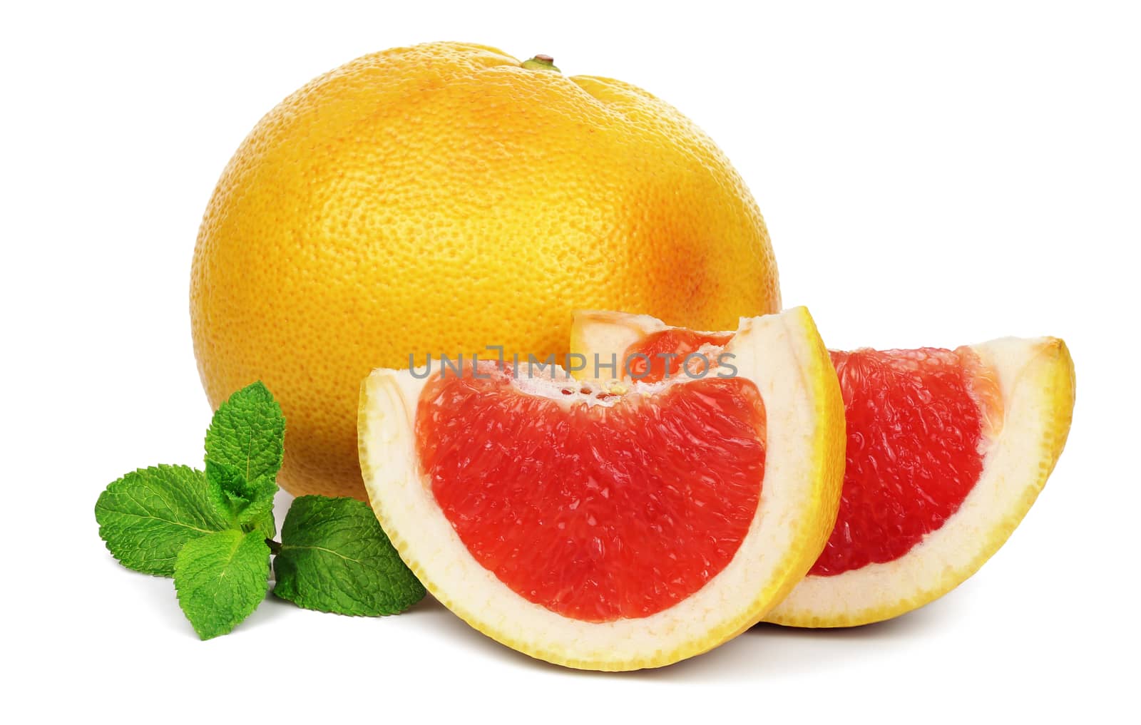 Ripe grapefruit and two slices with a twig of mint isolated on white background. 