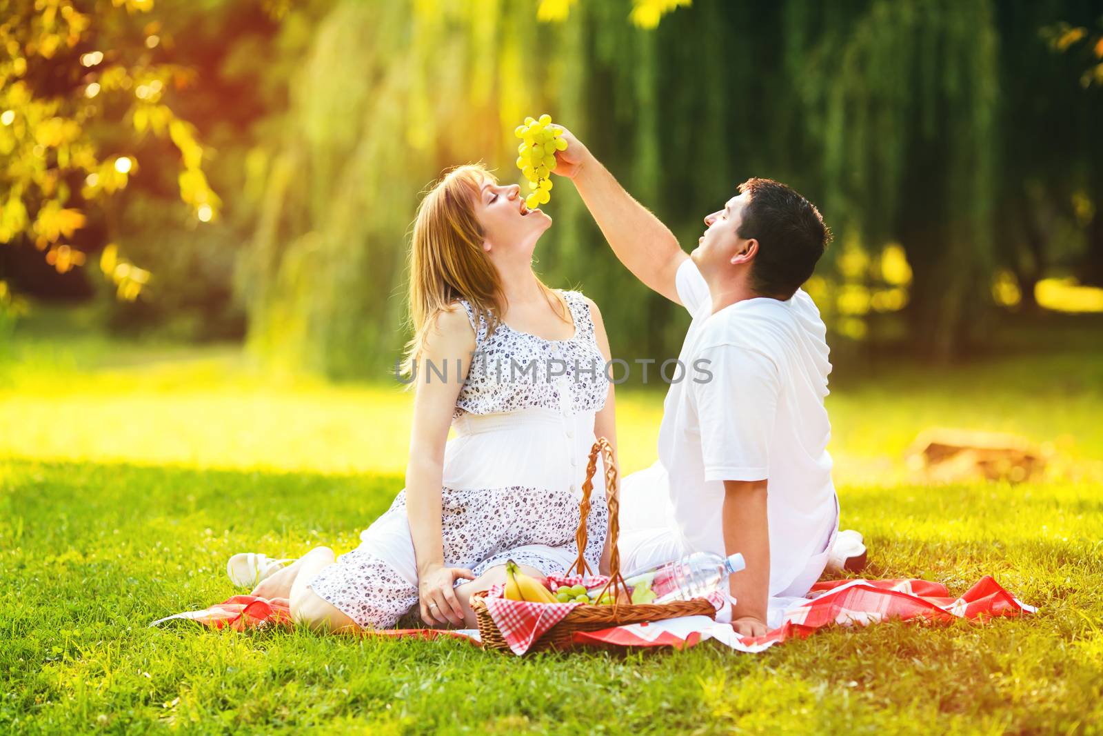 Pregnant couple on picnic eat grapes