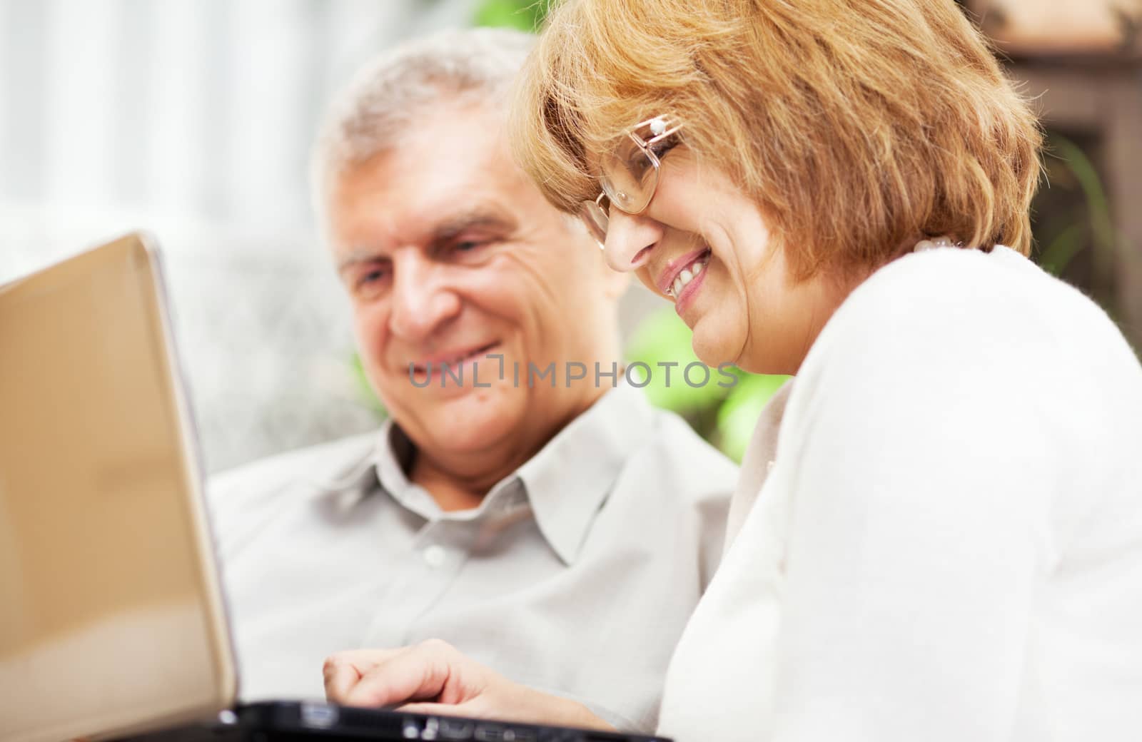 Happy senior couple using laptop at home