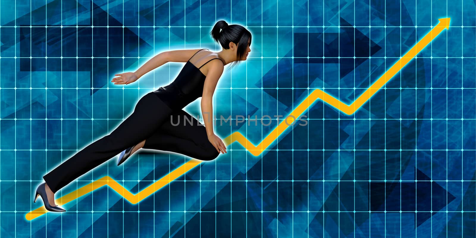Asian Businesswoman Running with Chart Graph Background Art