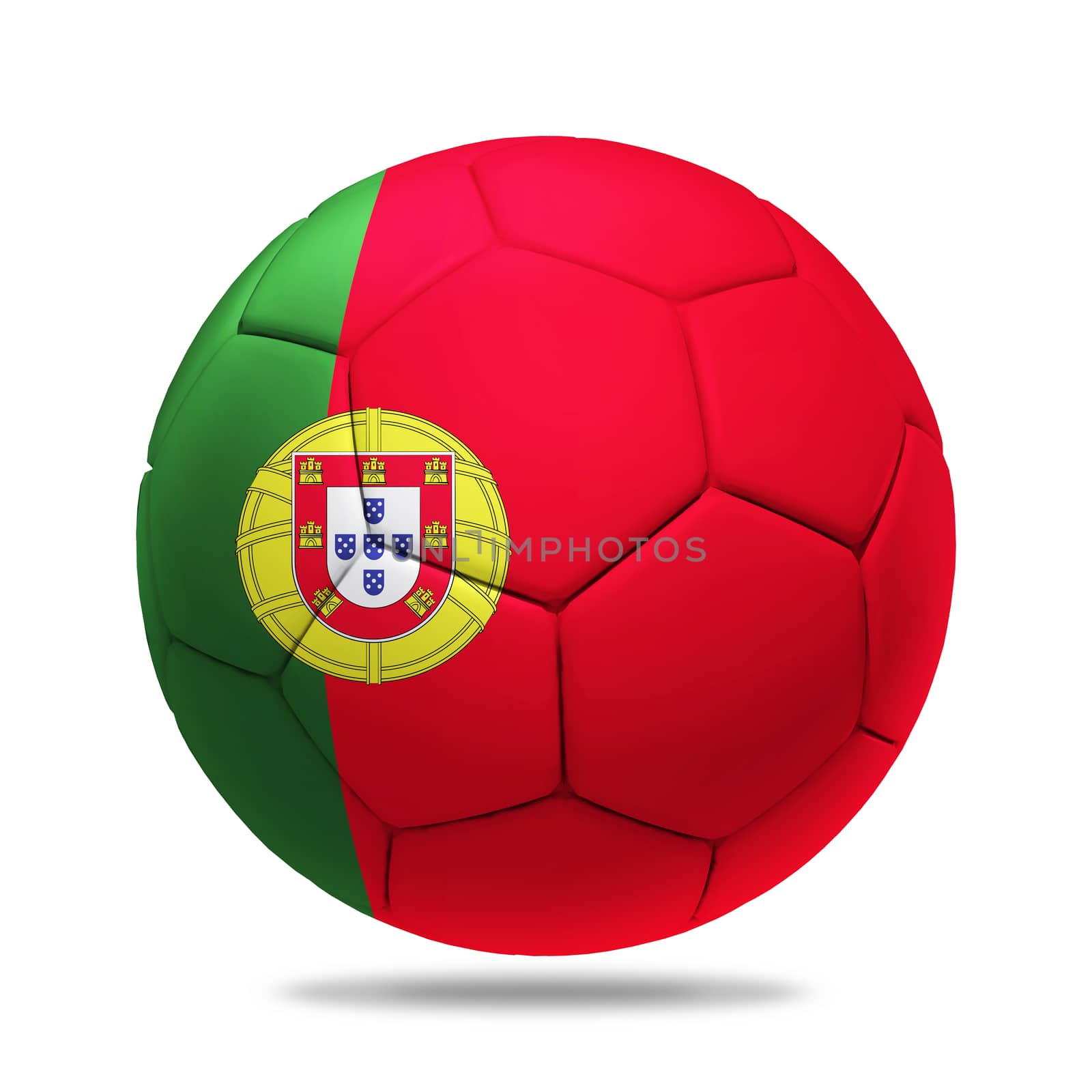 3D soccer ball with Portugal team flag, isolated on white