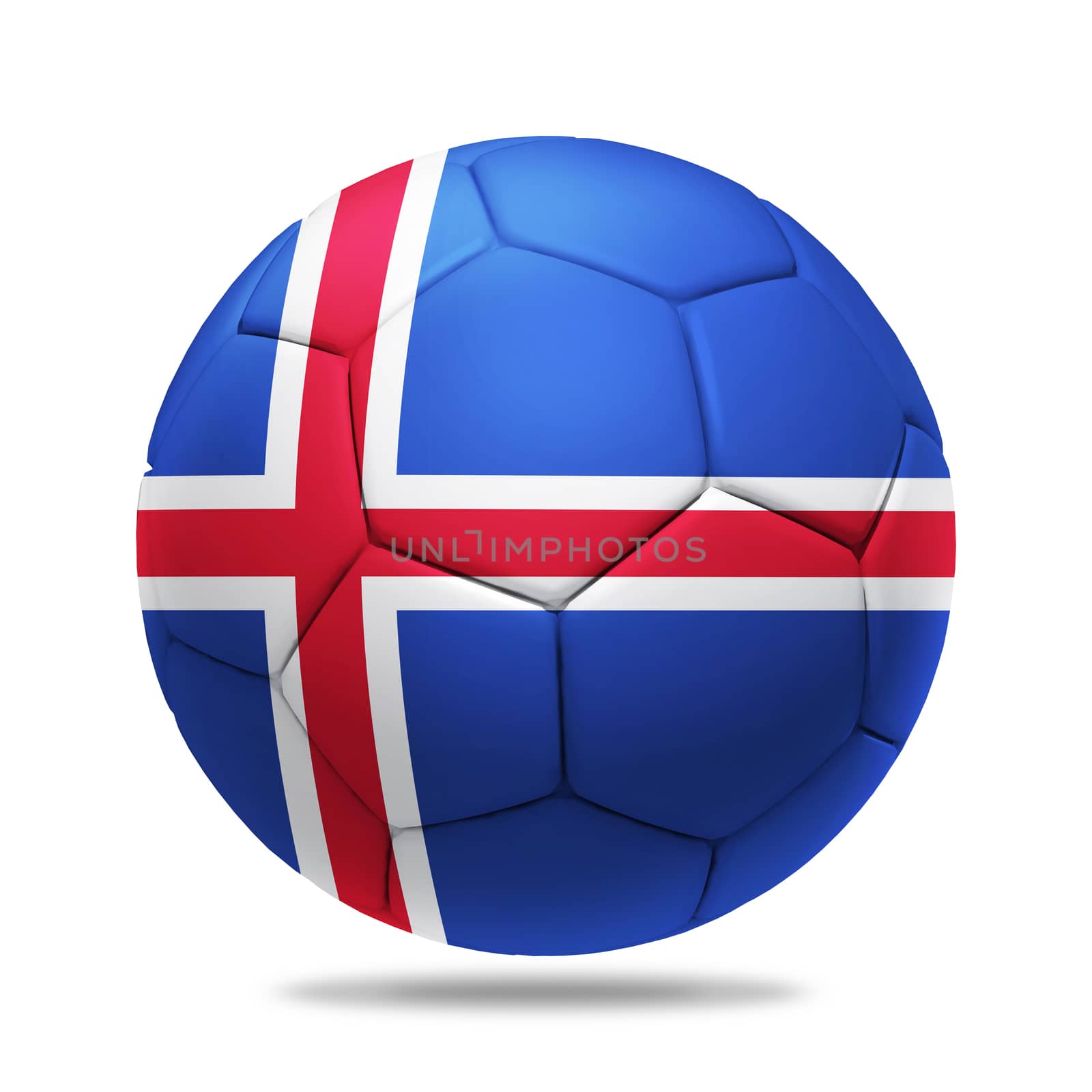 3D soccer ball with Iceland team flag, isolated on white