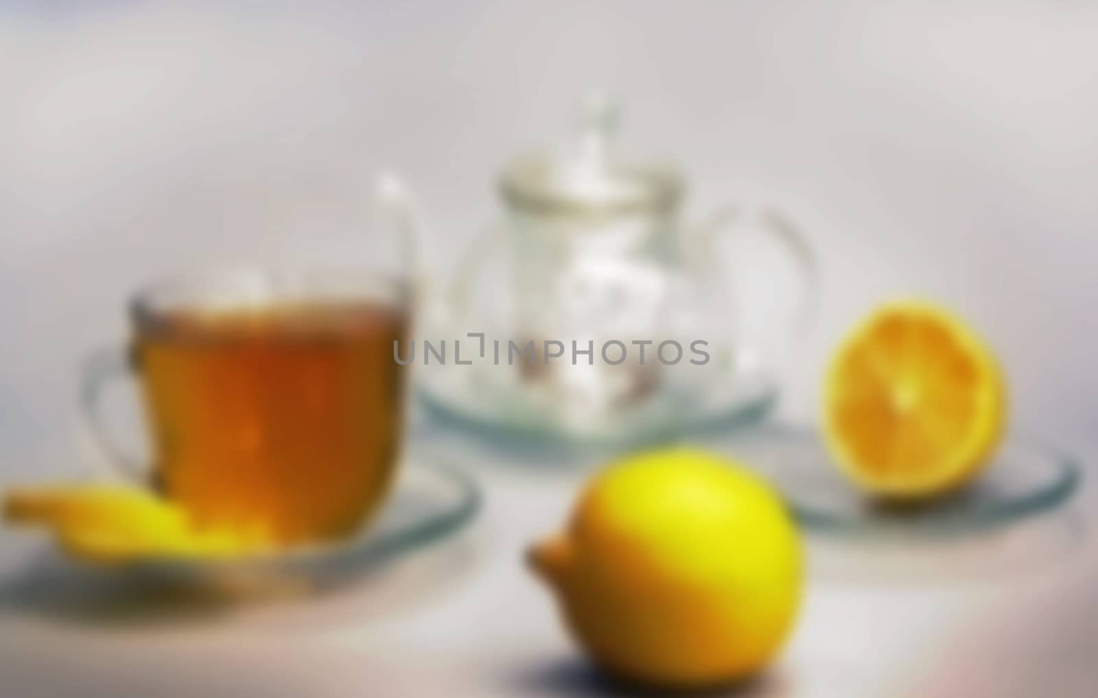 cup of tea with lemon still life, blurred, breakfast by KoliadzynskaIryna