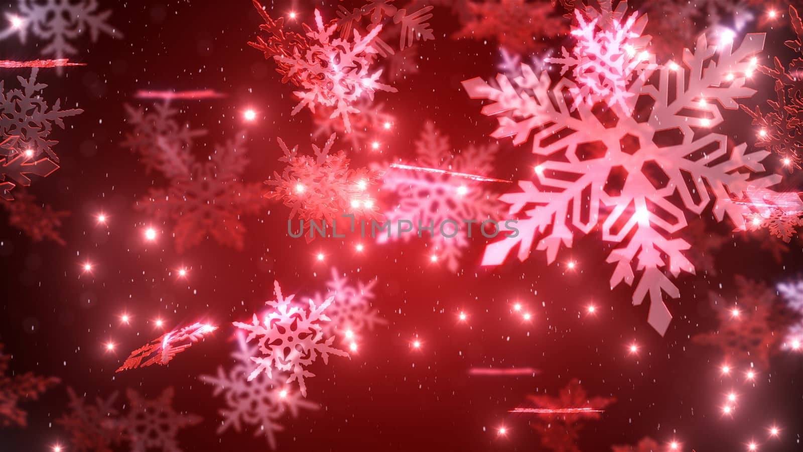 abstraction with a swirling snowflakes and bright stars against a red christmas background