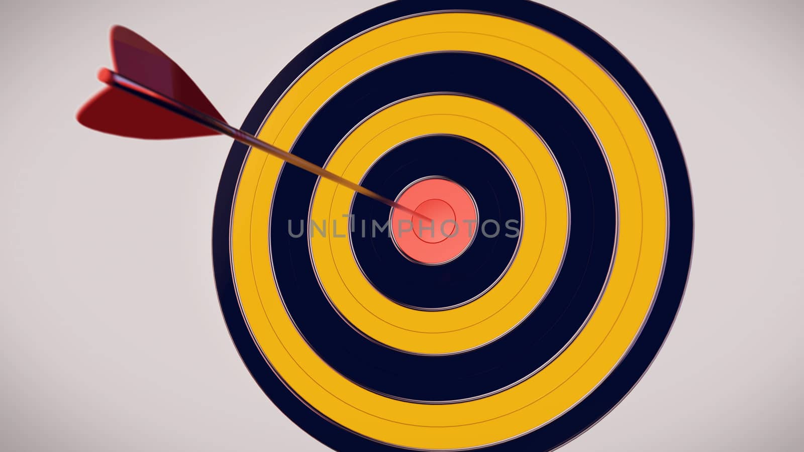 Red dart arrow hitting in the target center of dartboard with a white background