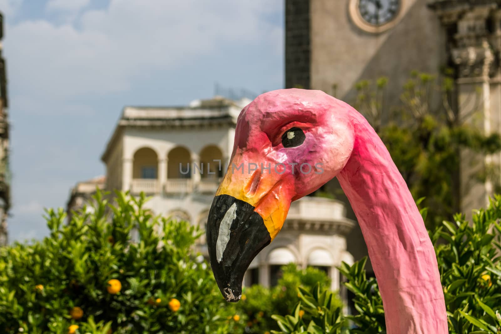 Pink heron paper mache in a Sicilian square