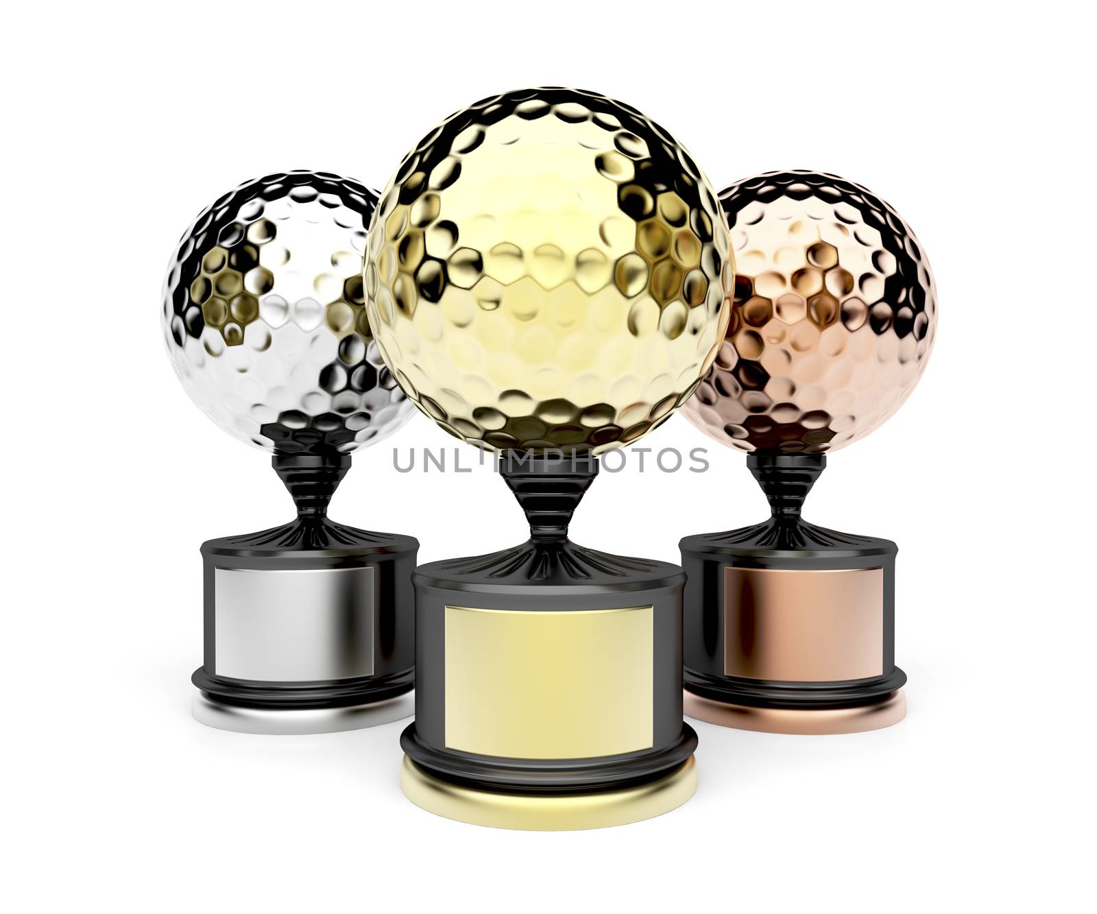 Gold, silver and bronze golf trophies on white background
