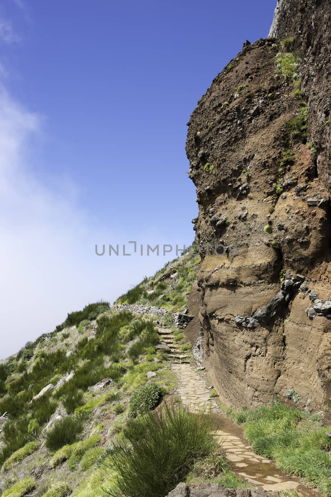 blue sky and big rocks at the high mountains at madeira island called pico arieiro, the top is 1818 meters above sea level