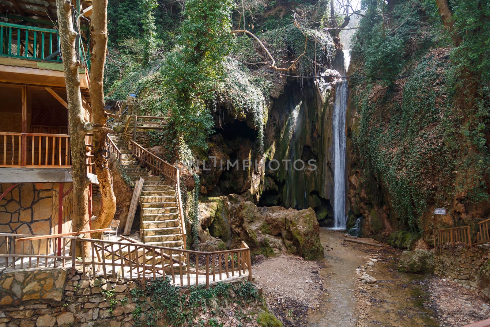 View of a small waterfall flowing around big rocks with small plants and wooden stairs.