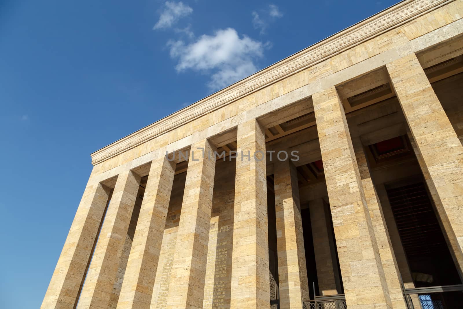 Bottom view of Anitkabir, mausoleum of turkish leader Ataturk, on bright blue sky background.