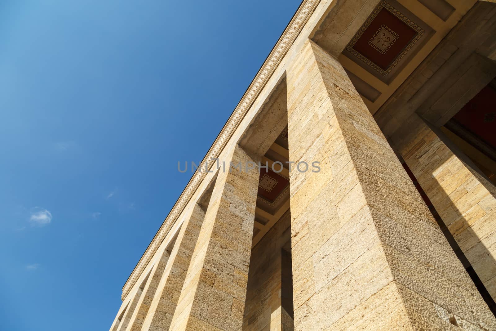 Bottom view of Anitkabir, mausoleum of turkish leader Ataturk, on bright blue sky background.