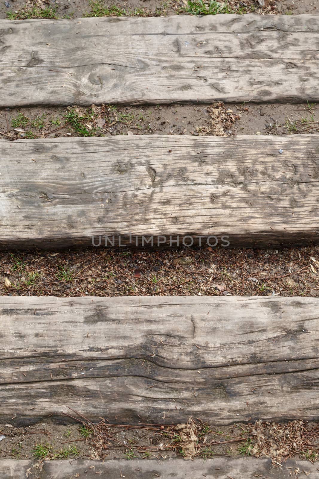 Close up detailed view of a wooden pathway in a park.