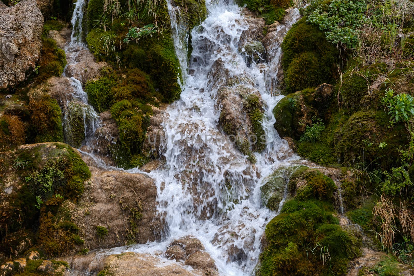 View of a waterfall, flowing from high inside meadow area, with green trees and plants around.