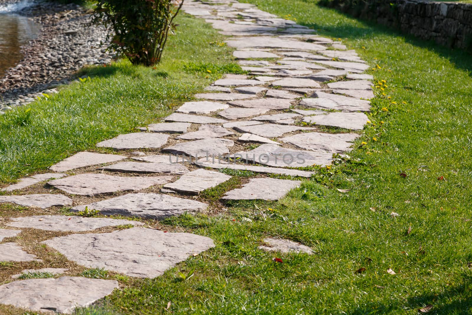 Close up detailed view of a stone pathway in a park around grass.