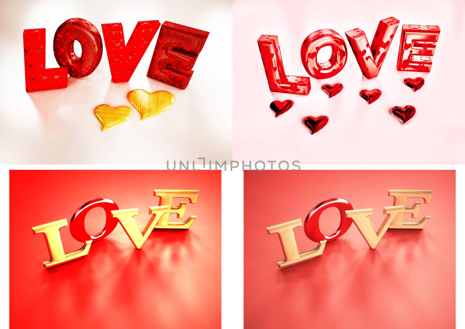 Set of pictures dimensional inscription of LOVE on background. 3D illustration.
