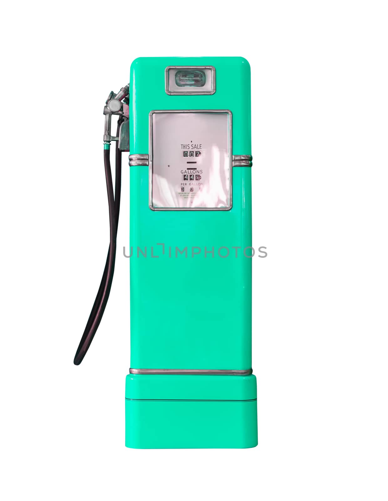 Old green petrol gasoline pump isolate on white background