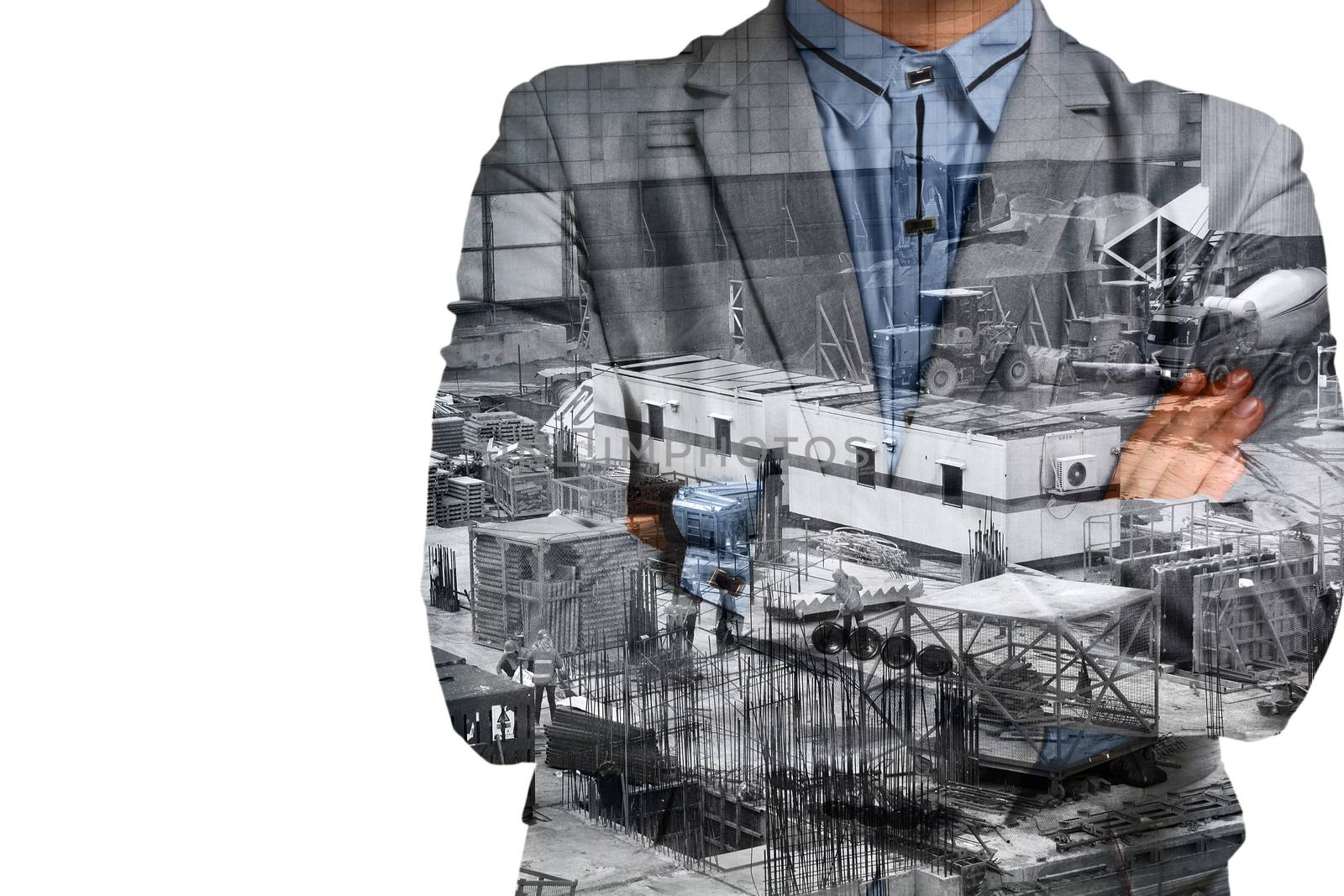 Double exposure of businessman and Construction site