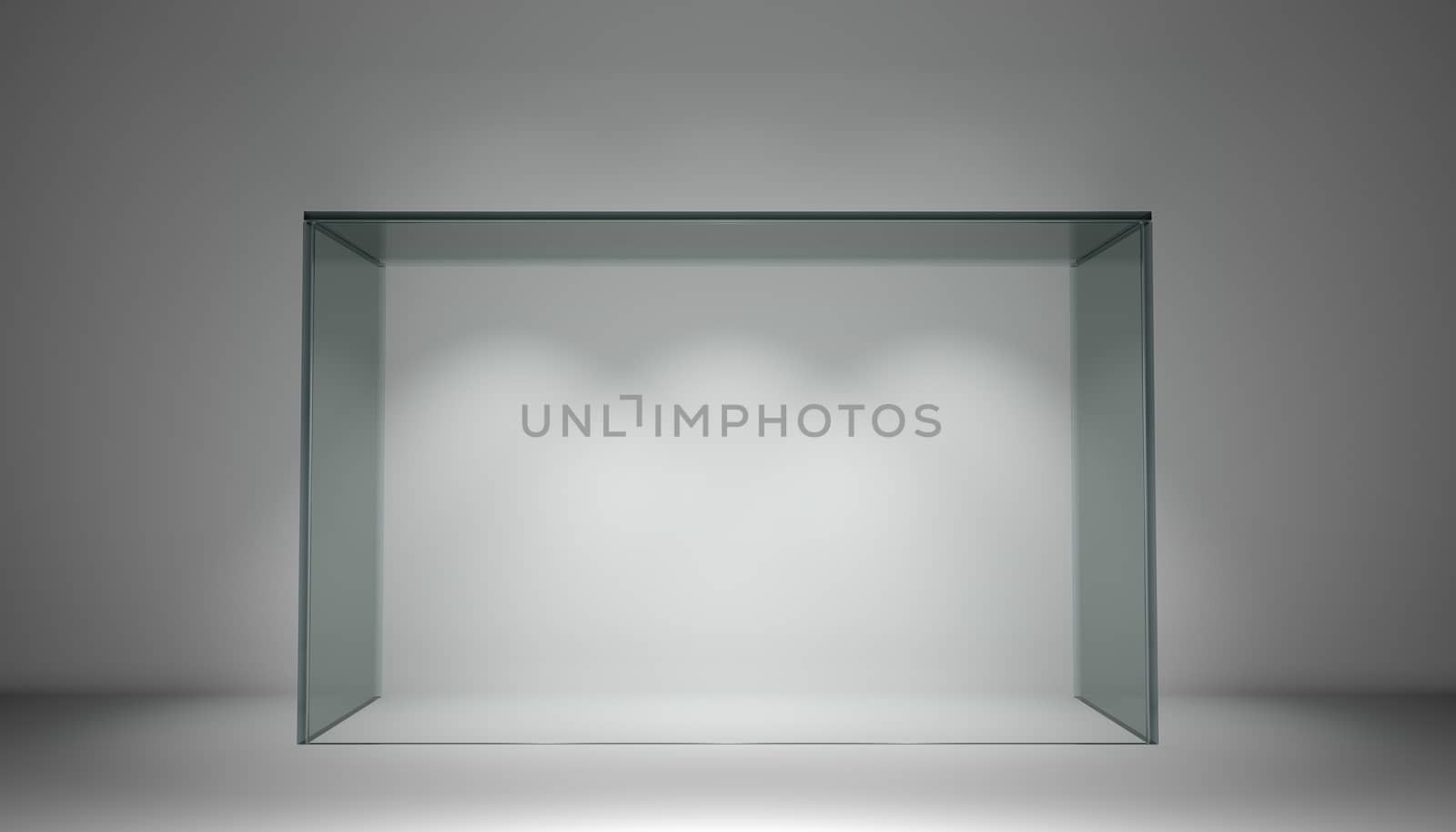 Empty glass showcase for exhibit in clean gray room. 3d rendering
