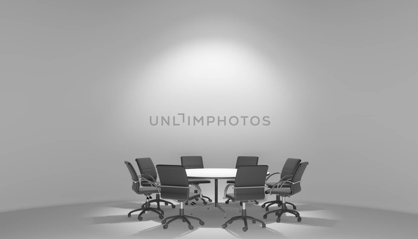 Illuminated spotlights meeting room with round table and armchairs. 3D illustration