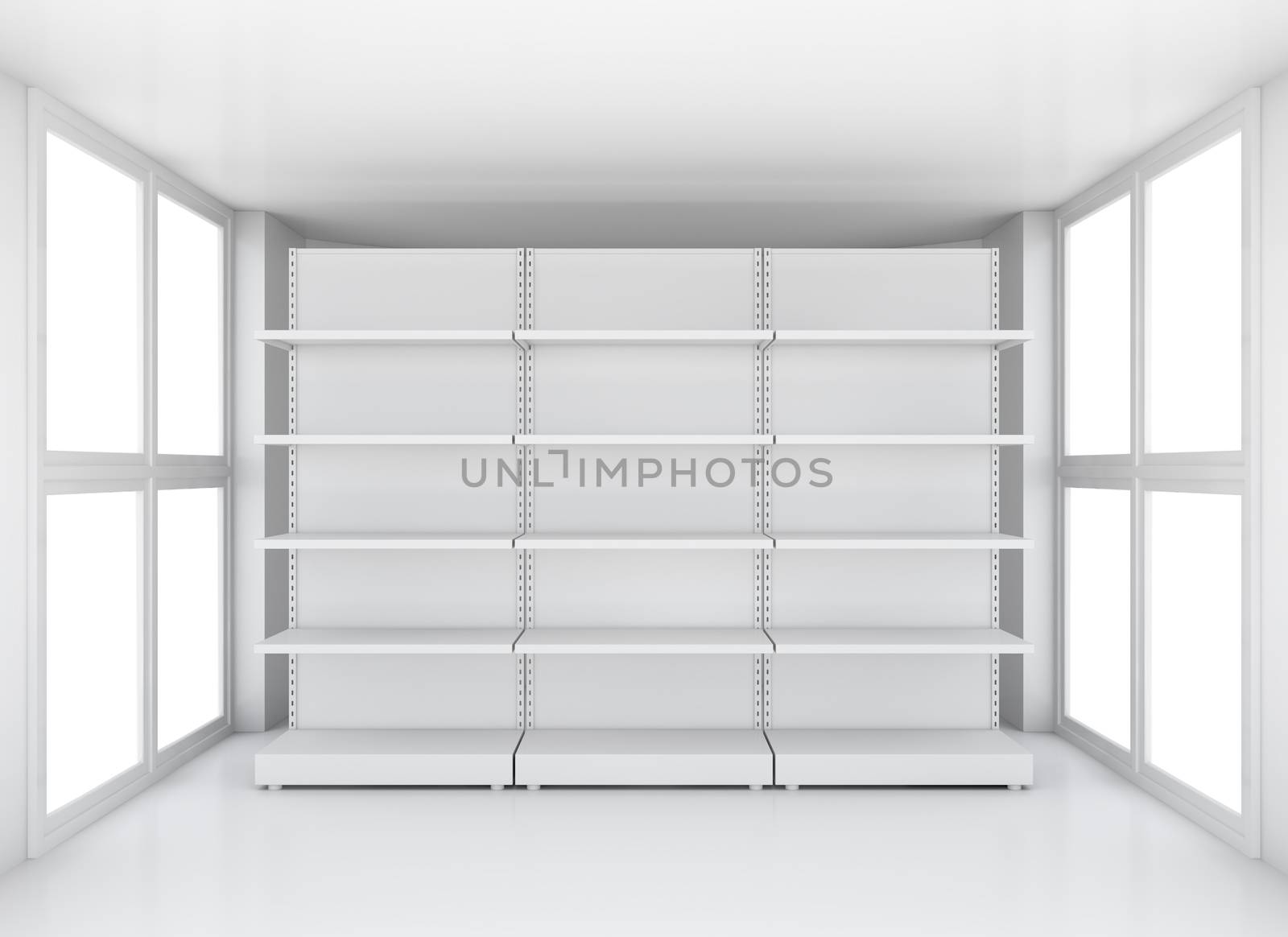 White empty supermarket retail store shelves in clean exhibition room, 3D illustration