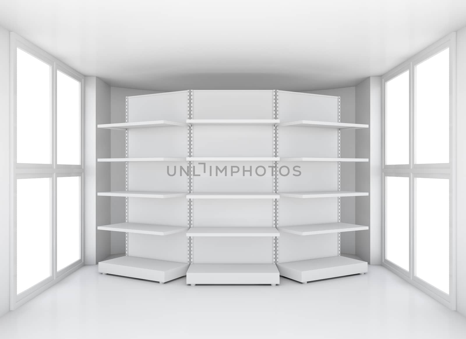 Realistic empty supermarket shelf in room with windows, 3D illustration