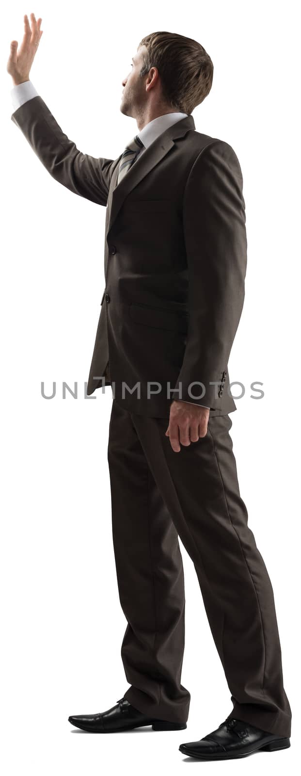 Man protecting himself with hand up isolated on white background