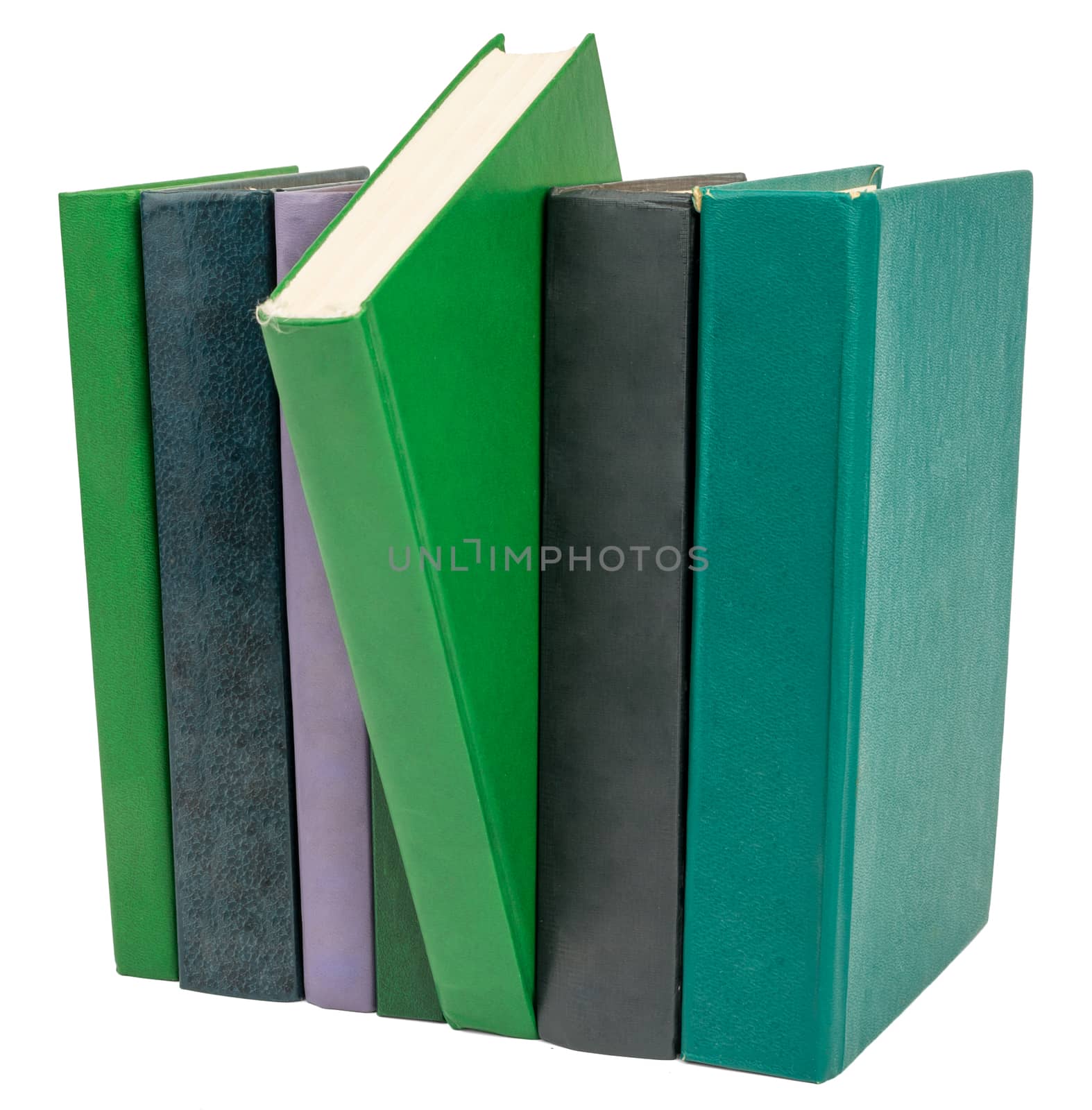 Books isolated on white background, close up view