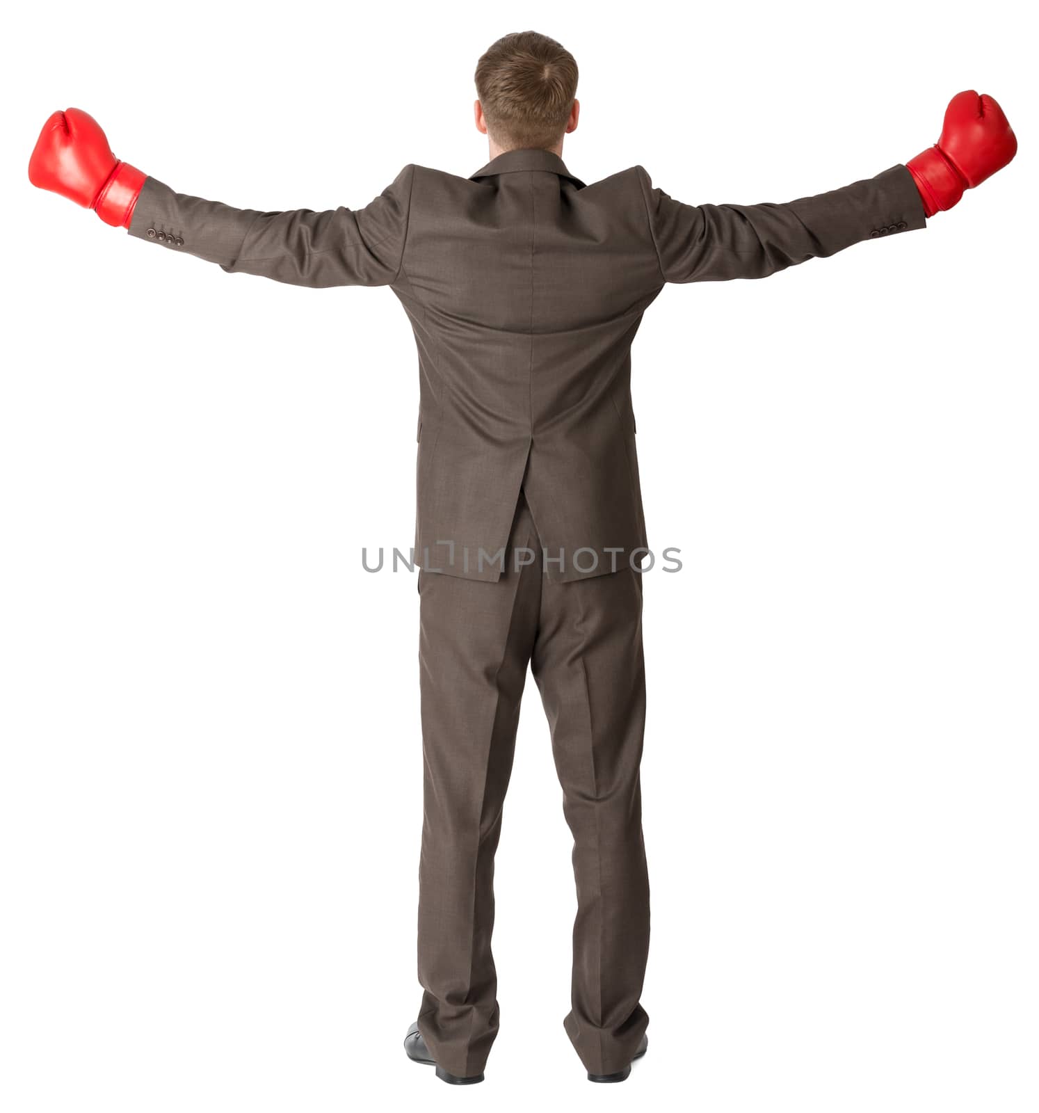 Back view of businessman in red boxing gloves isolated on white background
