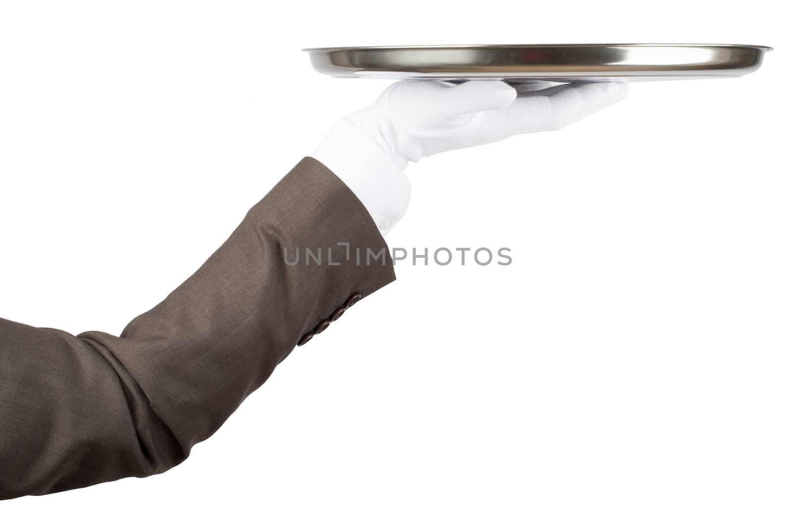 Professional waiter holding empty tray isolated on white background