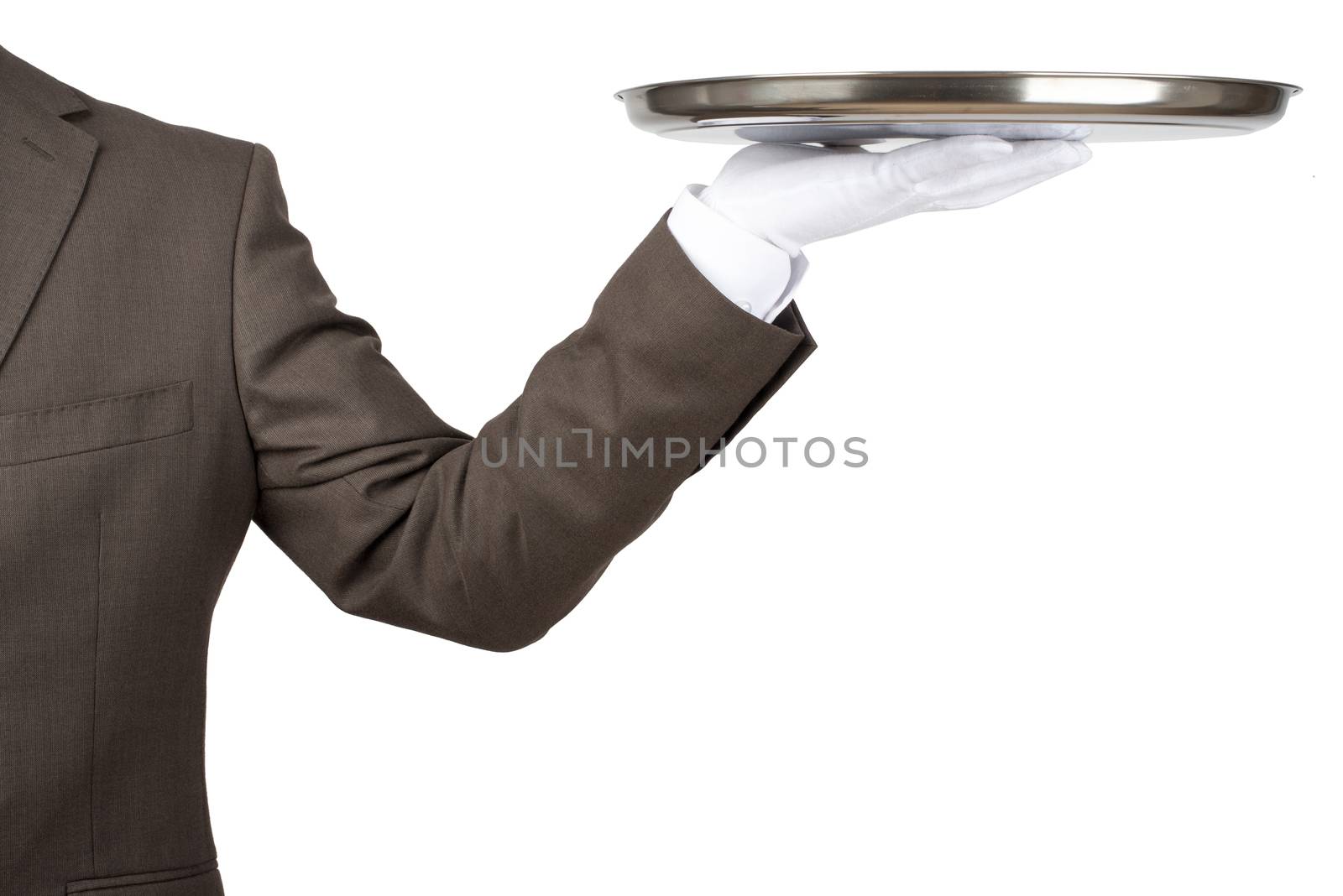 Arm in white glove with empty flat plate isolated on white background