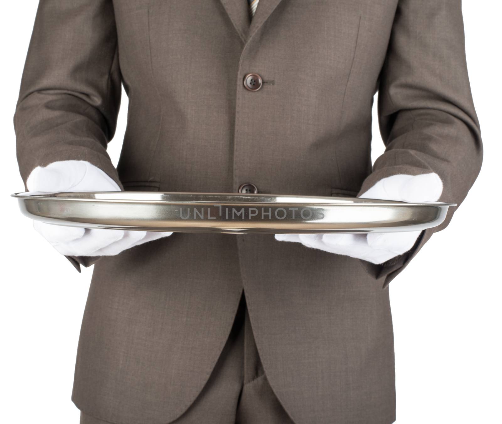 Waiter holding empty silver tray over white background